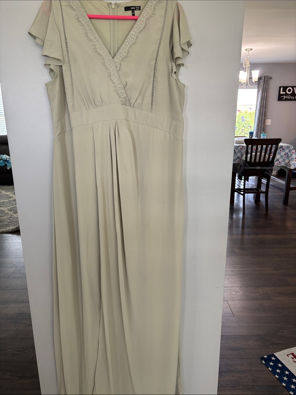Light Sage V-Neck Maxi Dress with Lace Trim